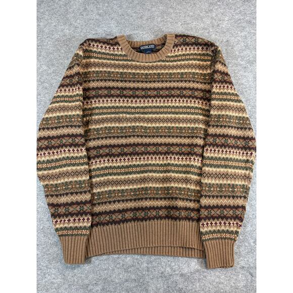 Vintage 90s Lands End Fair Isle Crewneck Sweater Mens Medium Brown Knit Preppy - Picture 1 of 4